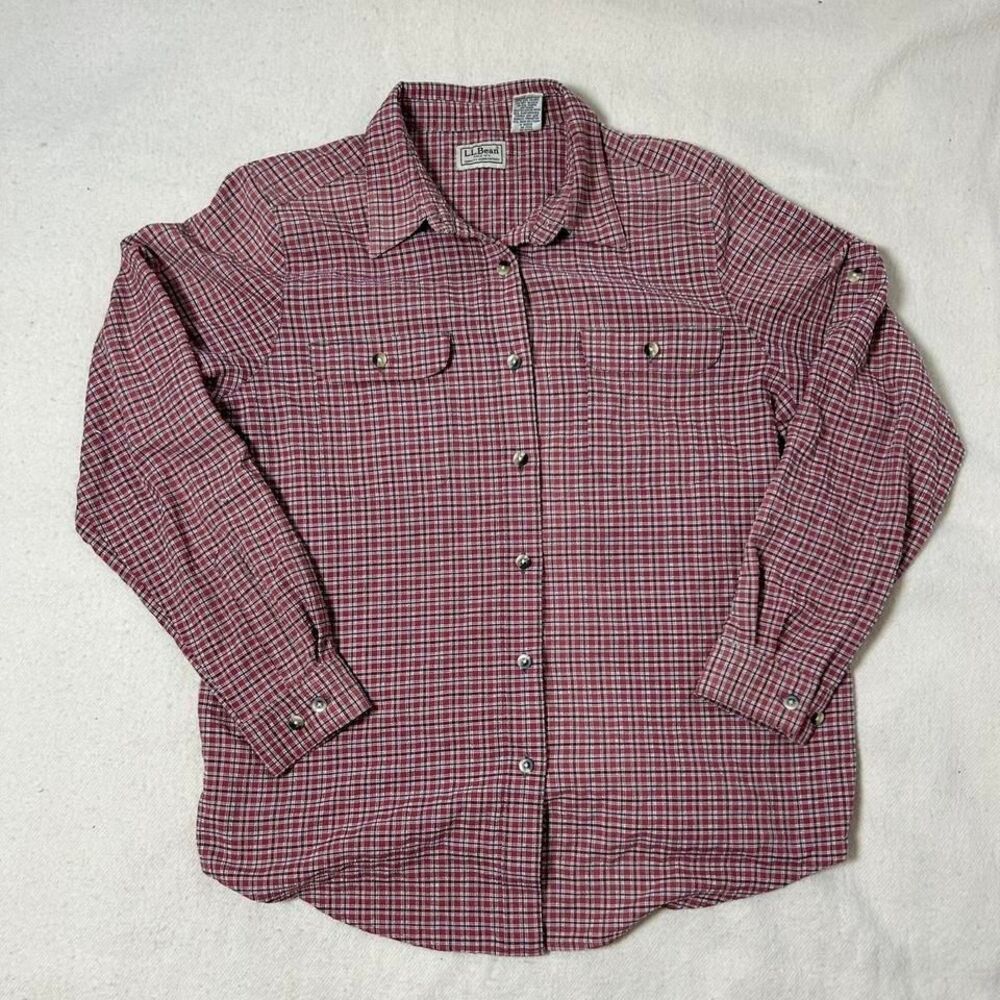 LL Bean Shirt Women large rose pink Check Nylon Gauze Roll Tab‎ Long Sleeve